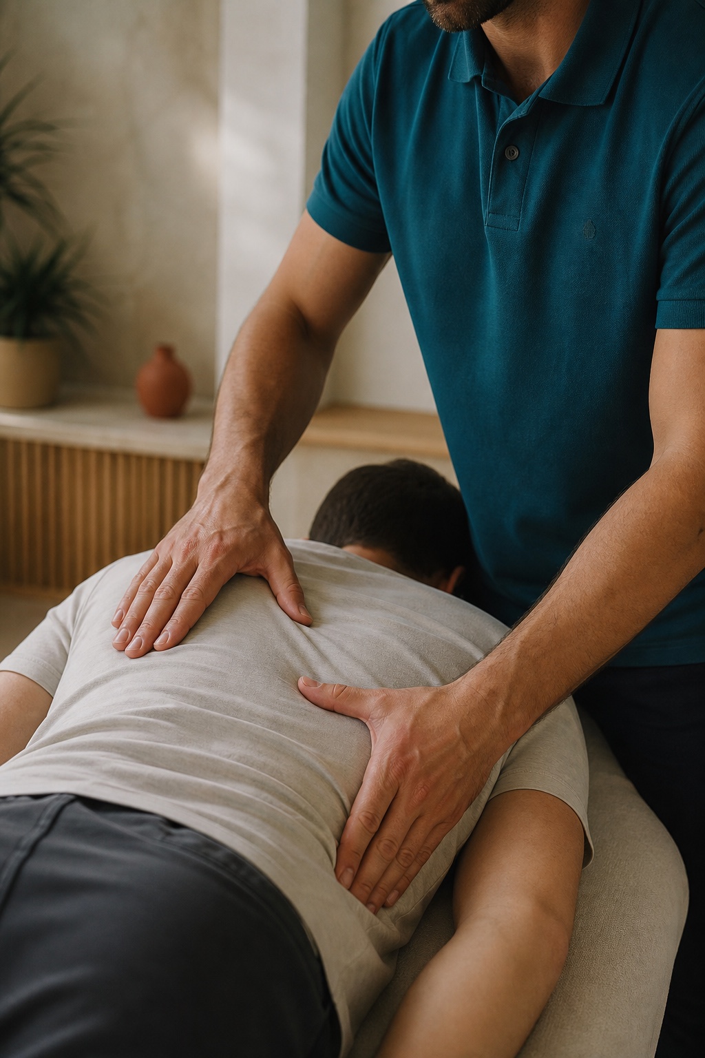 Avaliação manual da região dorsal durante uma sessão de osteopatia