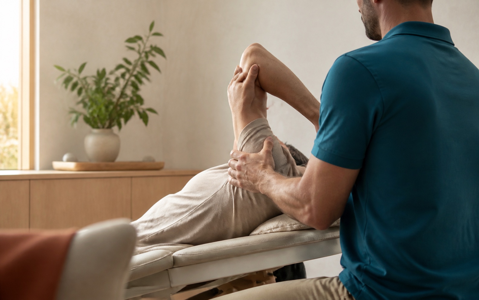 Sessão individual de terapia manual numa clínica luminosa